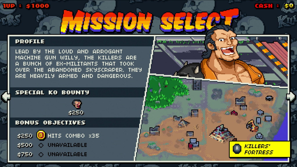 A mission select screen with desription of the mission and a character to the right