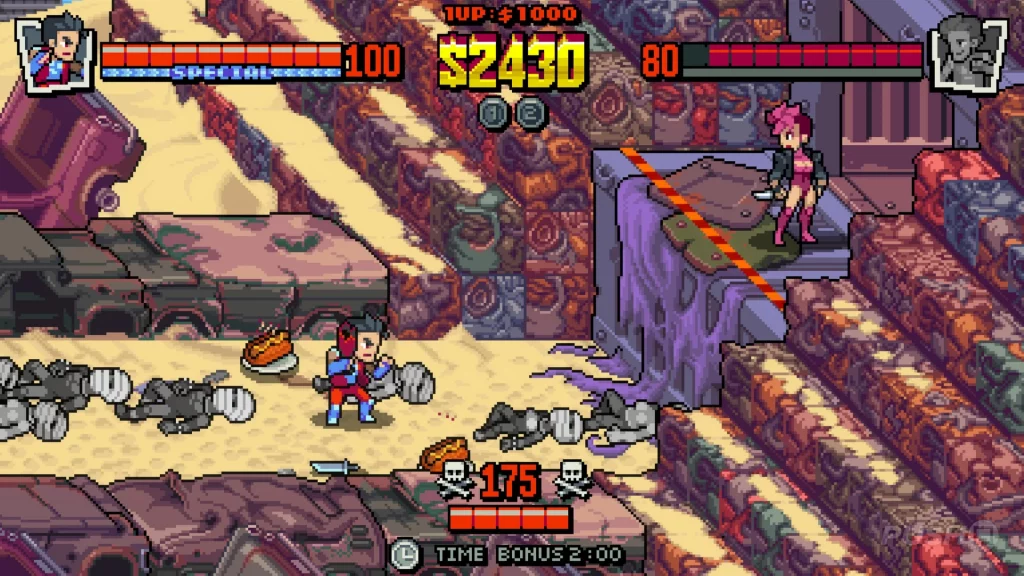 A retro game scene set in a junkyard, where two chatacters look at each other over many grey dead characters.