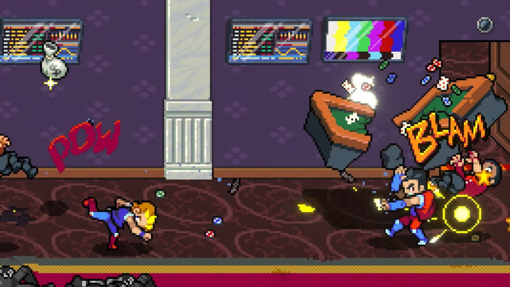 A retro game styled room where characters battle it out