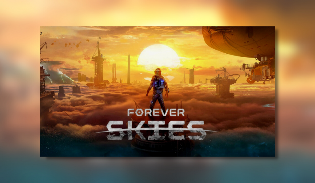 Forever skies featured image, showing a character stood in the clouds. in the background are broken buildings and the sun setting through the clouds.