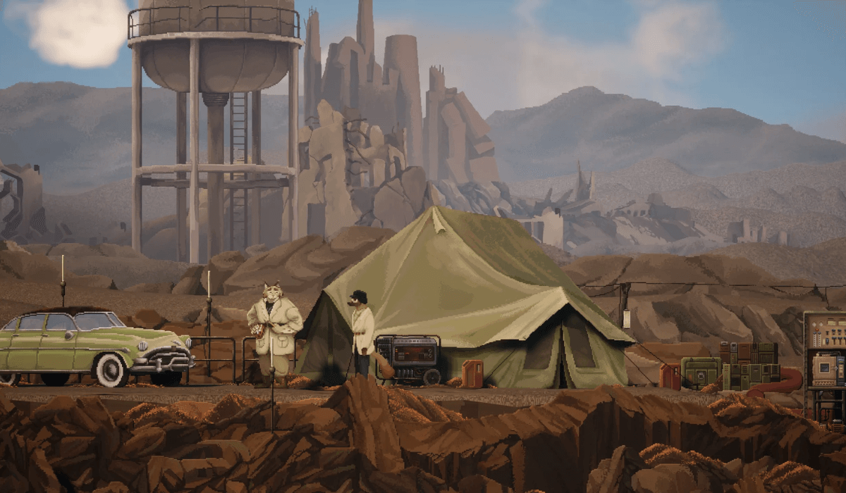 An post-apocalyptic desert wasteland scene. A disused water tower and power station are in the background. A tent is in the foreground with a car next to it and a bobcat and badger in white coats stand in front of it.
