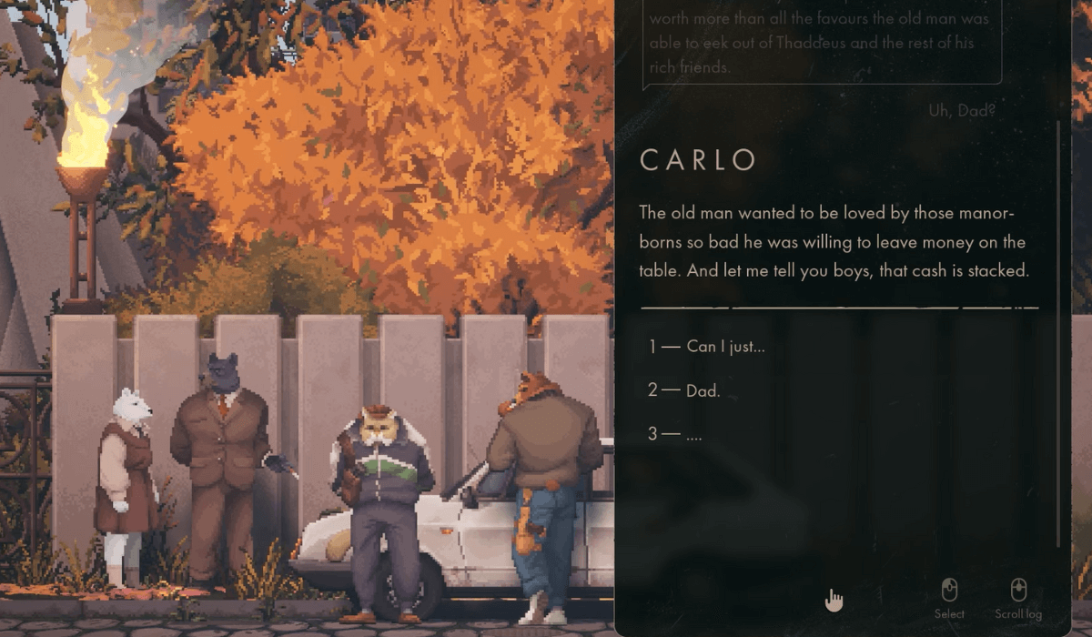 An autumn scene with trees behind a white fence. A polar bear in a pinafore dress stands next a larger black bear in a suit. His gangsters stand nearby. A dialogue box is on the right, indicating choices the player can make.