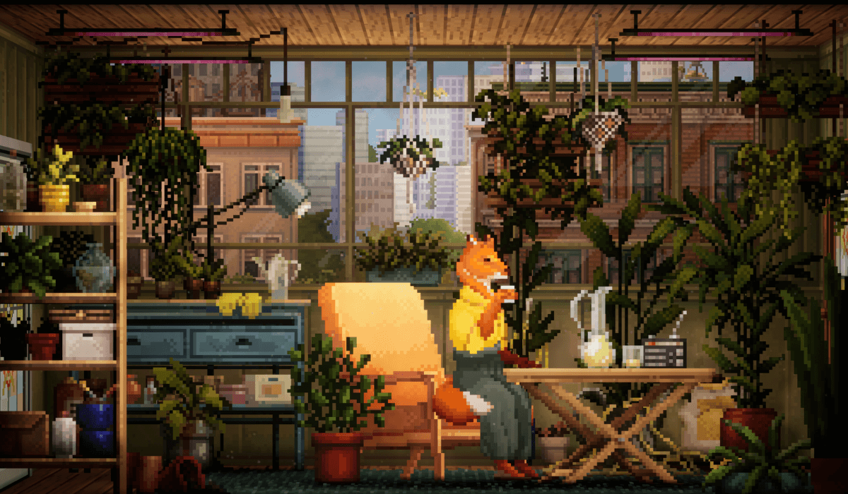 A greenhouse scene with a cityscape in the background. Plants and shelves can be seen all around. A fox sits in a lounge chair sipping a glass of whiskey from a wicker coffee table.