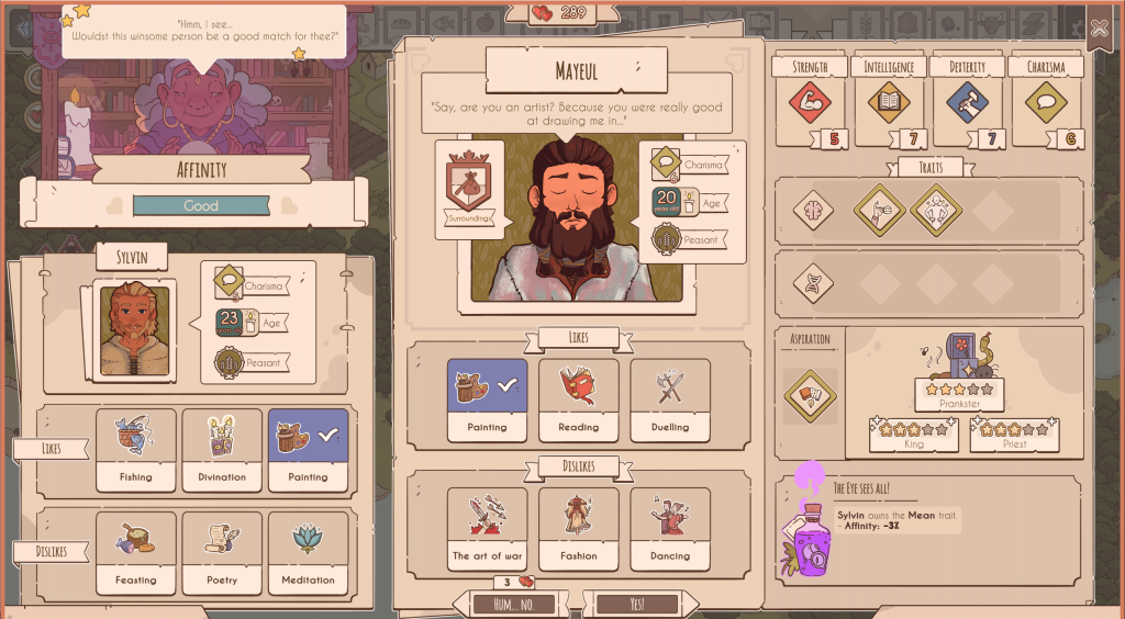 Tindra's screen in Lakeburg Legacies. This shows the UI used to select love interests for your villagers, showing their matching or clashing hobbies, the attributes of the potential new villager and their job aspirations.