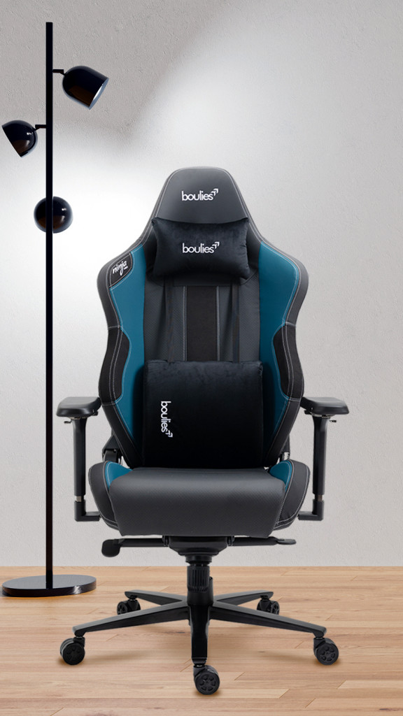 A blue Ninja Pro Chair in a white room