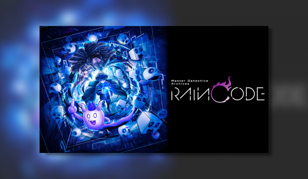 screenshot showing the game title in a black rectangle with the words "master detective archives: Rain Code" on the right in white. On the left side of the screen is a picture showing the main character as a detective in the centre coming through a blue portal with ghost like spheres and cubes with faces trying to get away from them. A pink ball object with horns, arms, eyes and a mouth is seemingly "flipping the bird"