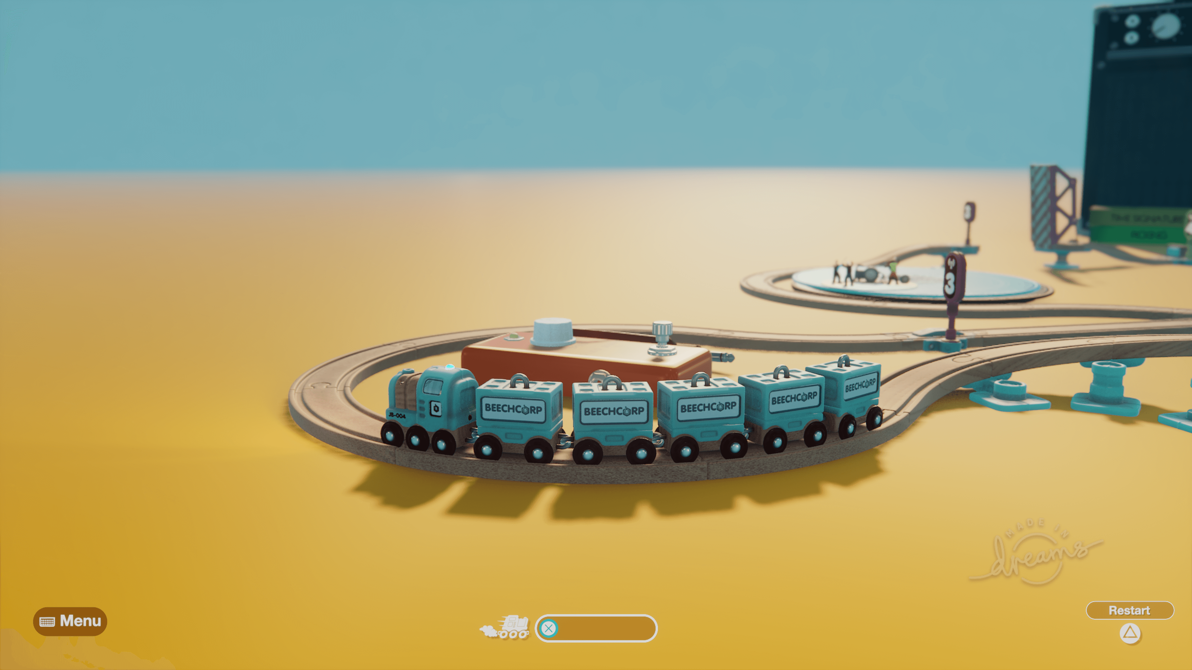 A teal coloured wooden toy train drives around a bend as it pulls 5 carts carrying cargo boxes