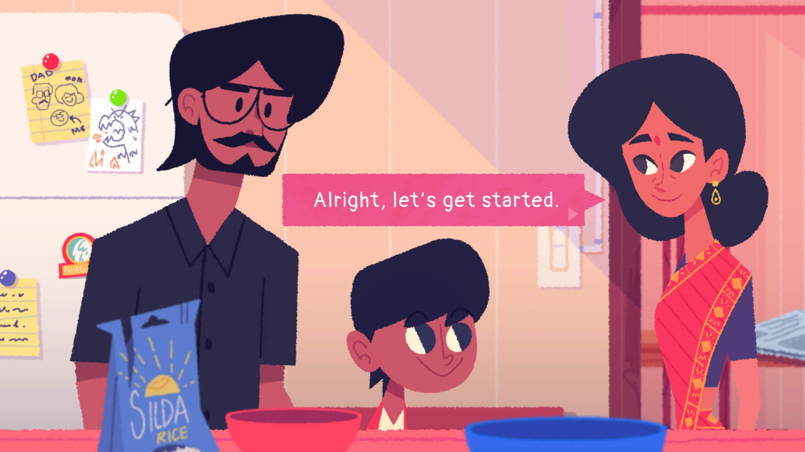 Venba, Paavalan and Kavin stood together in the kitchen about to start cooking. A speech bubble indicates Venba saying "Alright, let's get started".