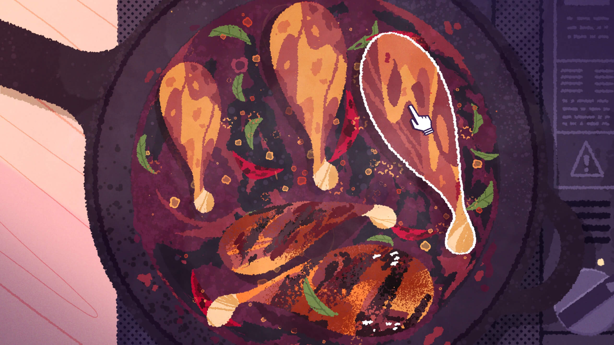 A cartoon style picture of a cooking scene in Venba. A black frying pan atop a portable stove. Inside the frying pan there are 5 chicken drumsticks, along with red chillies and green mint leaves. 2 of the drum sticks are well charred from cooking and bubbles are shown forming and popping in the oil.