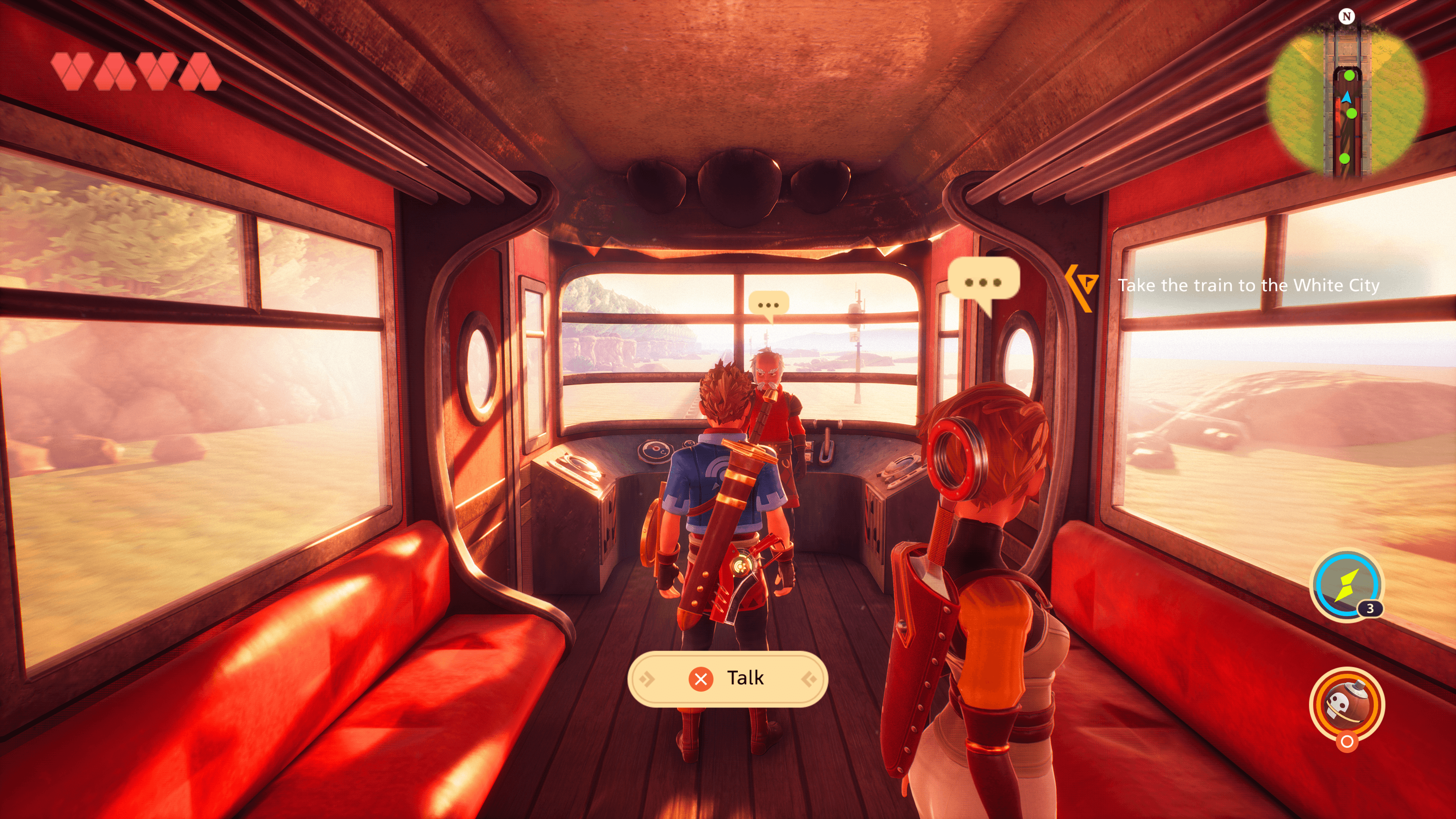 3 characters stand on a train carriage as it travels through a rocky desert area. The carriage is decorated with red leather style seating and large windows that have blaring sun shining through them. 2 of the characters have speech bubbles above their heads with an interact prompt behind the main character prompting players to press X to Talk.