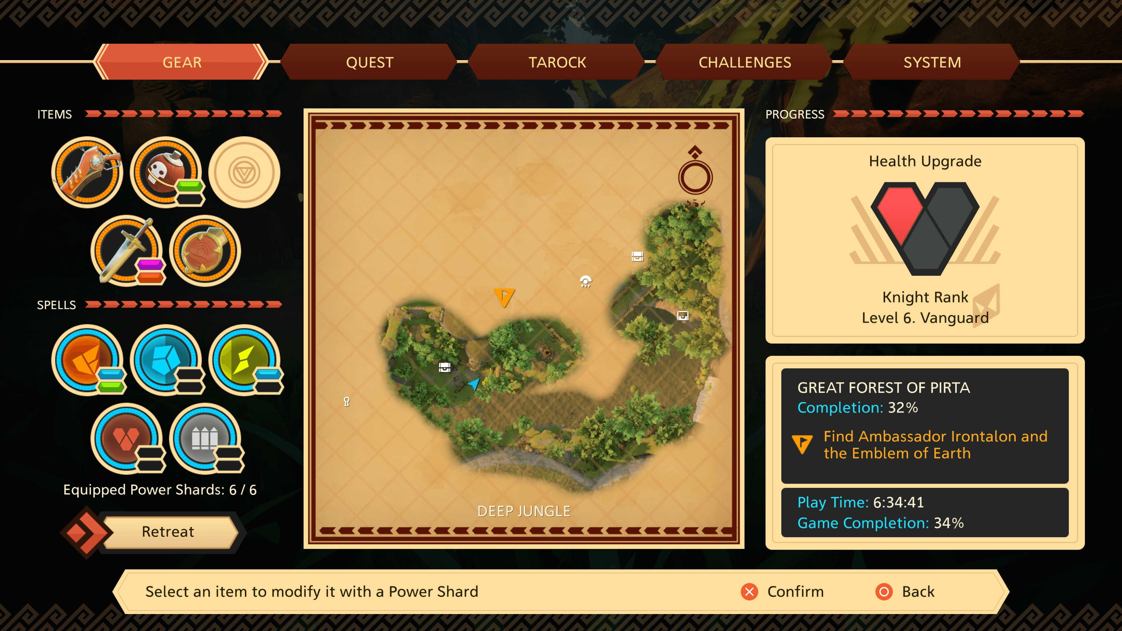game menu in Oceanhorn 2: Knights of the Lost Realm. The layout shows 5 tabs across the top - Gear (Currently selected), Quest, Tarlock, Challangesand System. Bellow these tab are 3 separate columns: Left - shows icons for items and their upgrades, Middle - is the world map showing uncovered area, player location and points of interest. Right - player progress showing character level, current quest, overall playtime and overall completion percentage