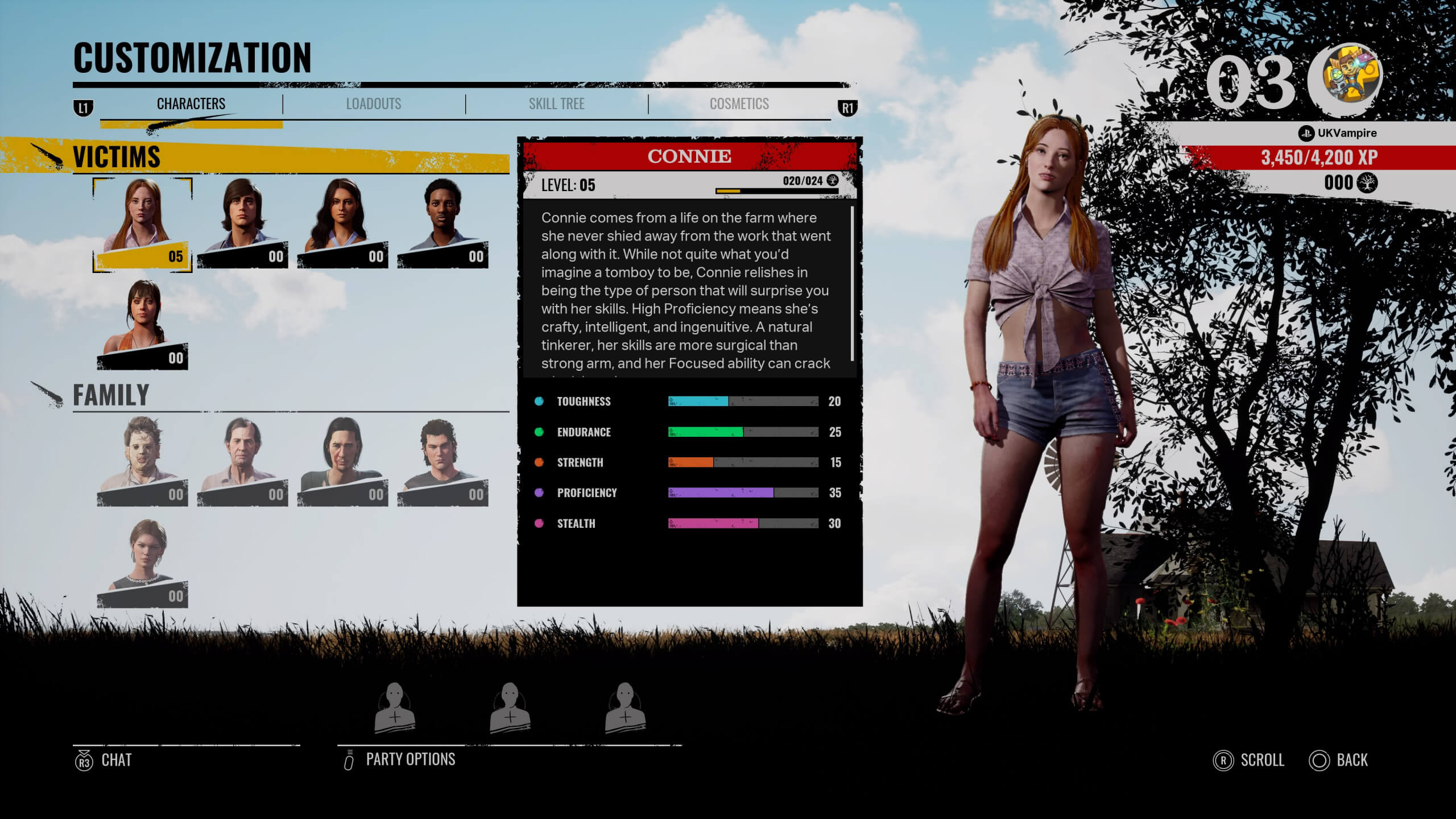 The character screen for Texas Chainsaw Massacre, this shows the stats for Connie. The stats include Toughness, Endurance, Strength, Profeciancy and Stealth. It shows the characters level and the current XP. A picture of Connie is to the right of the stats window.