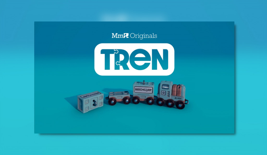 Tren logo with a little toy train pulling 2 carriages behind it. The rear carriage has dropped its cargo which lays on the ground behind.