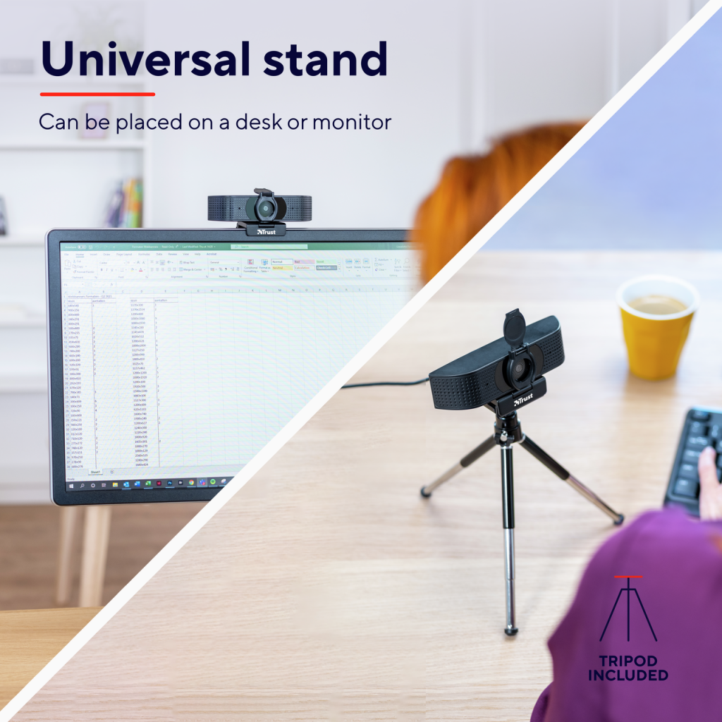 The Trust Teza 4K Ultra HD Webcam attached to the top of a computer monitor in one half of the image, and sat on it's dedicated tripod on a desk in the other half. Text: Universal stand. Can be placed on a desk or monitor.Tripod Included.