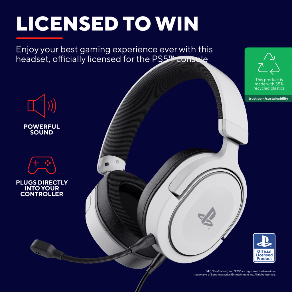 The white GXT498 Forta Wired headset. Text: Licensed to win. Enjoy your best gaming experience ever with this headset, officially licensed for the PS5 console.This product is made with 35% recycled plastics. Powerful sound. Plugs directly into your controller. Official Licensed Product.