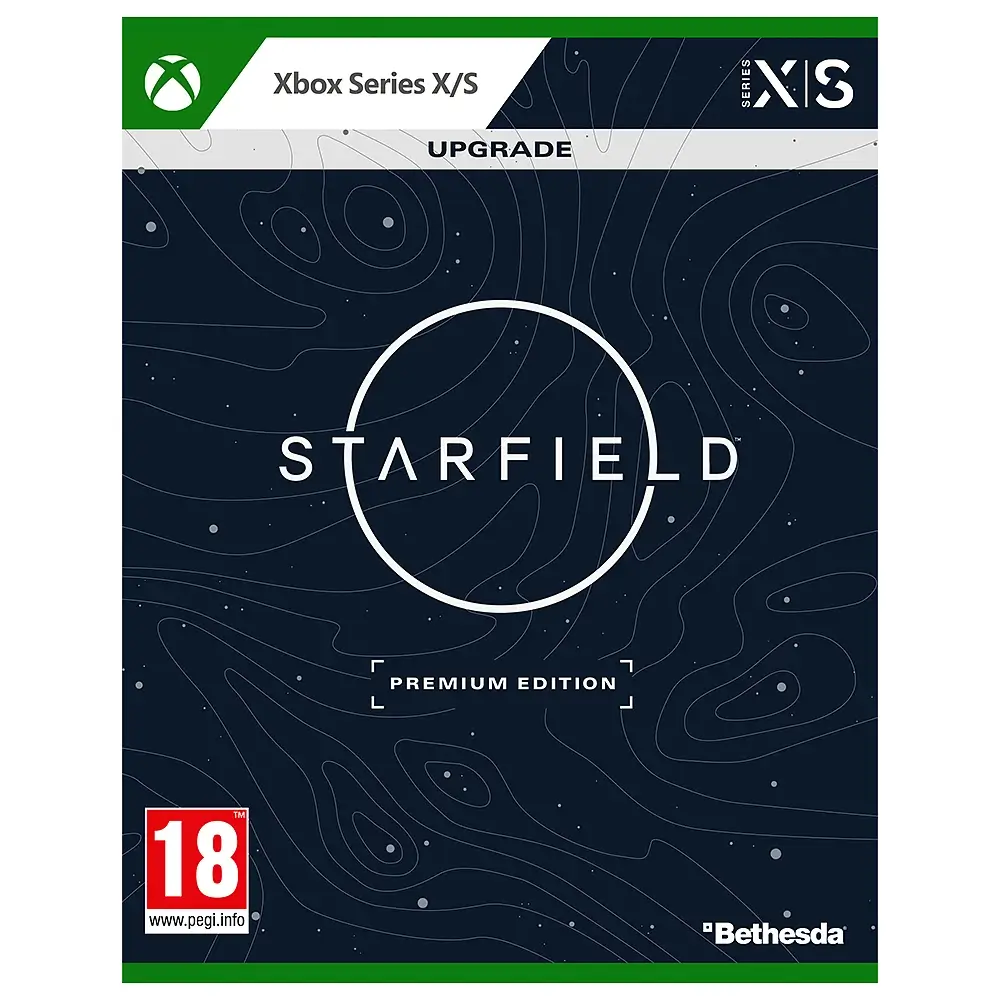 A card with the Starfield logo on it, and a white banner strip stating UPGRADE. Another banner above shows the Xbox symbols, and the worrds Xbox Series X/X. Below is the 18 age rating and the Bethesda logo.