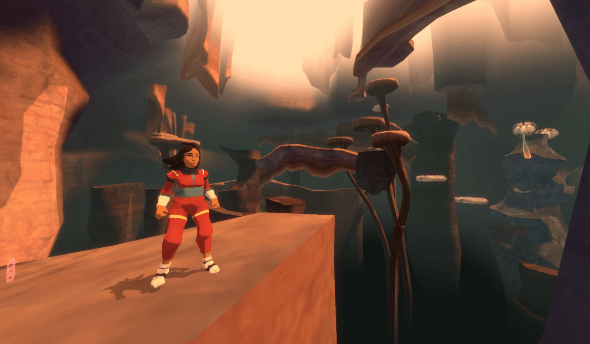 Amy standing on top of a cliff's edge in the caves level of the game. There is no visible ground, with a black abyss in the lower third. There are strange mushroom like structures in the distance, with winding paths behind Amy.