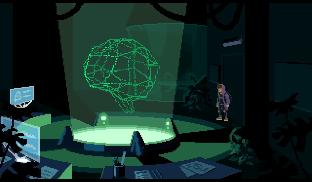 A pixel art scene of a computer room. A holographic polygonal projection of the human brain is in the centre of the room emitting green light. A young boy stood by the door to the right looks at it.