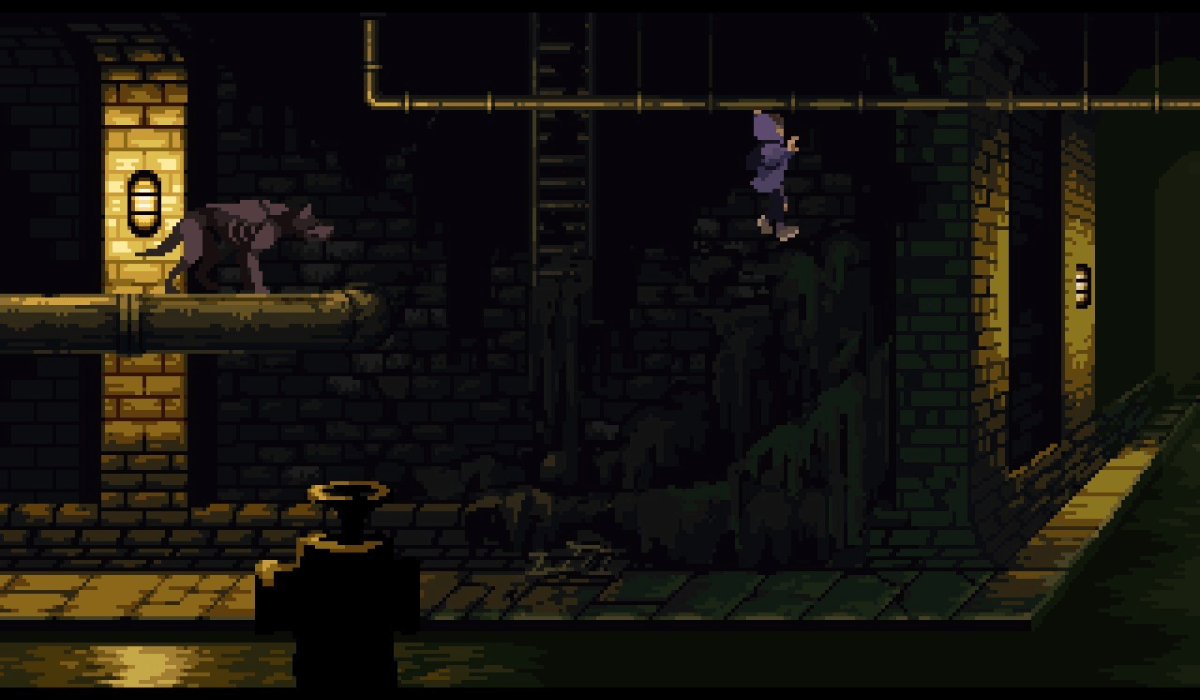 A pixel art sewer scene. A young boy is hanging from an overhead pipe trying to escape a mechanical dog that stands on a large pipe to the left.