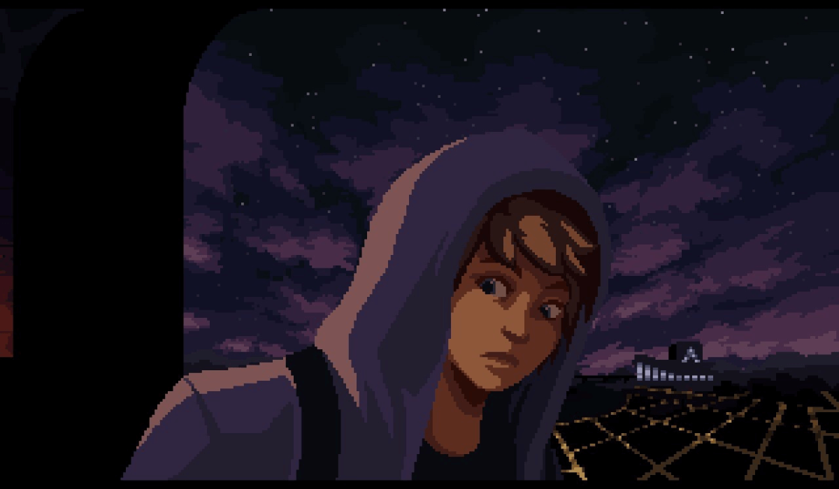 A pixel art scene of a cityscape at night. A close up of a young boy is in the foreground, looking warily downwards.