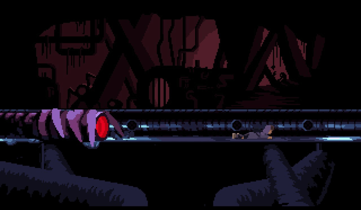 A pixel art scene of the inside of a ventilation pipe. A young boy crawls to the right ahead of an insect-like machine with a red light for a face.