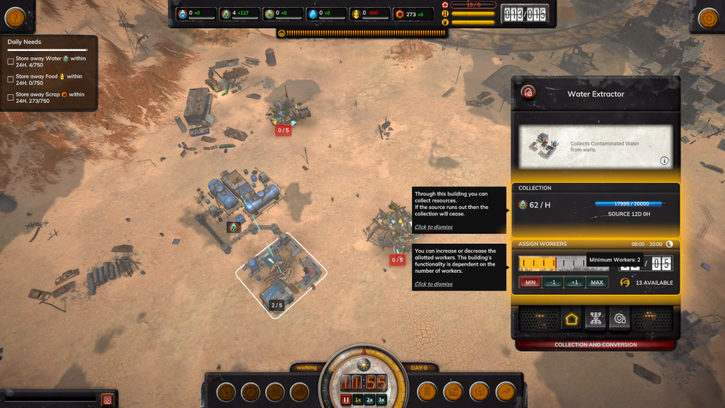 Screenshot shows a building information overlay, with the camera looking down on the players colony.