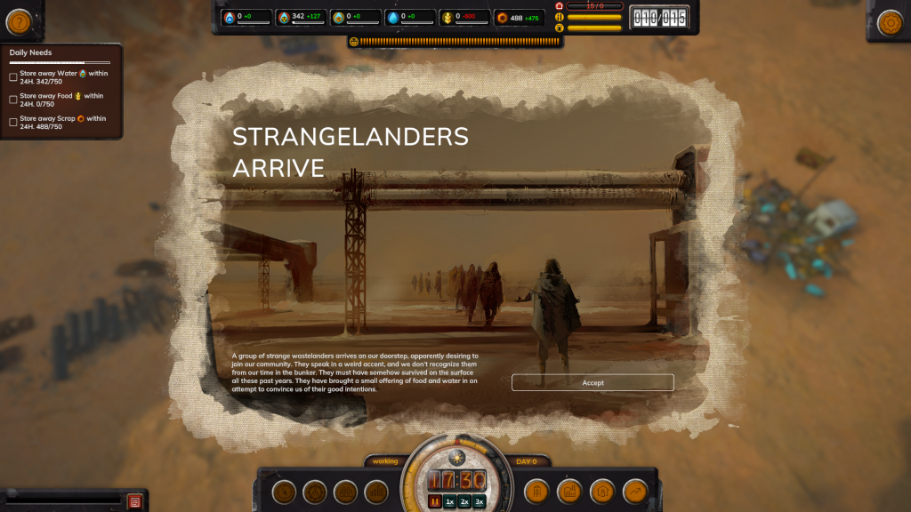 Screenshot shows the event popup window, explaining how strangers have arrived at our gates. 