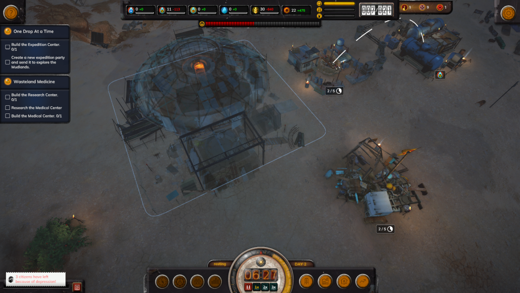 Screenshot shows the player constructing the research hub of the game. Imagine a partially completed building, with scaffold and construction workers hurrying around
