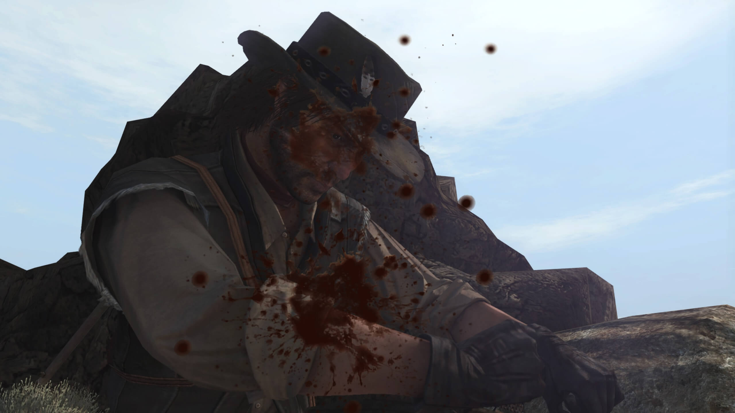 Our protagonist John is covered in blood after hunting and skinning an animal