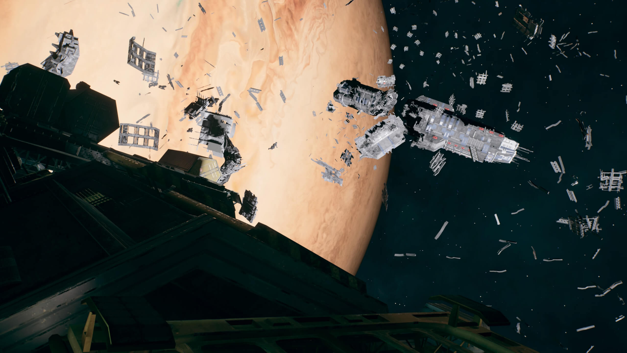 The wreckage of the UNN Urshanabi drifts through space 