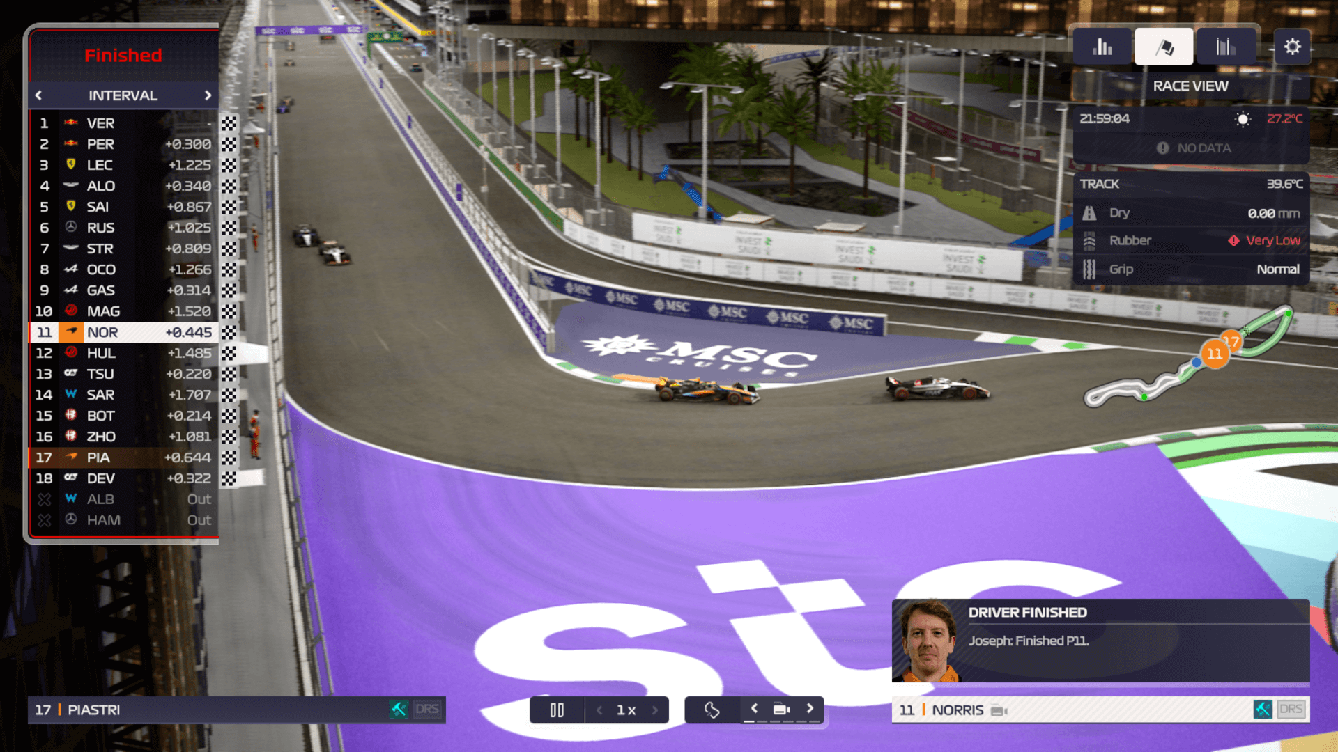 A screenshot taken from the second race of the season, showing two F1 cars and the standings to the left of the photograph. 