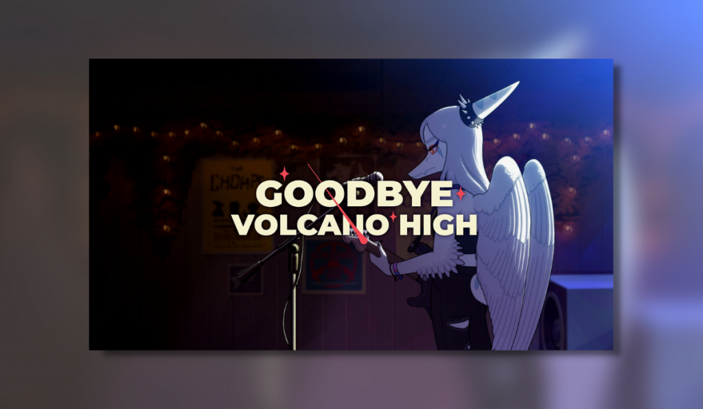 Fang, Goodbye Volcano High's protagonist, stands on a darkened stage in front of a microphone. They have a guitar in their hands and a sad look on their face.