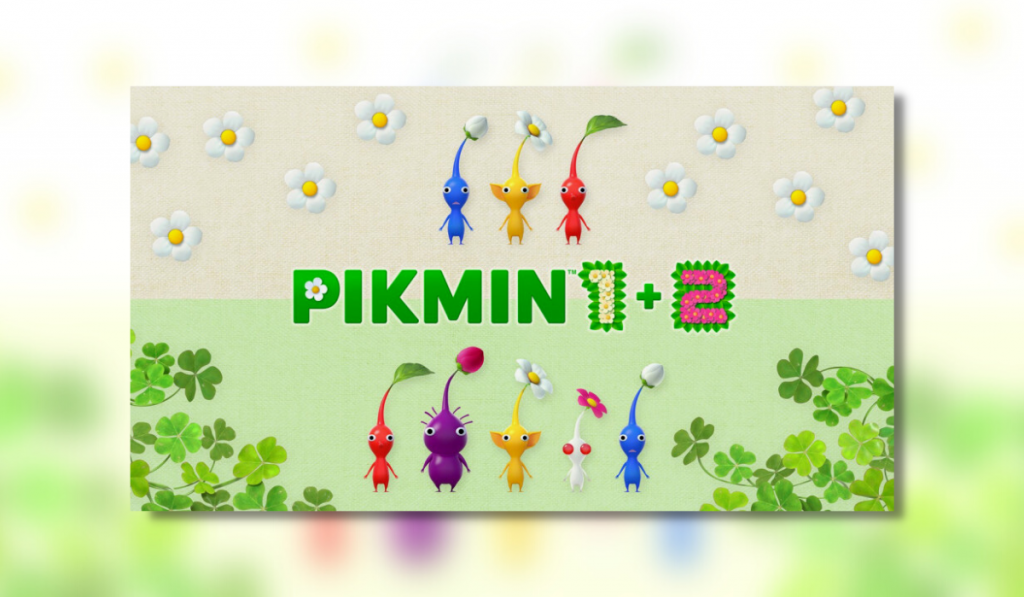 pikmin 1 + 2 logo with a number of colourful pikmin characters on a grassy background