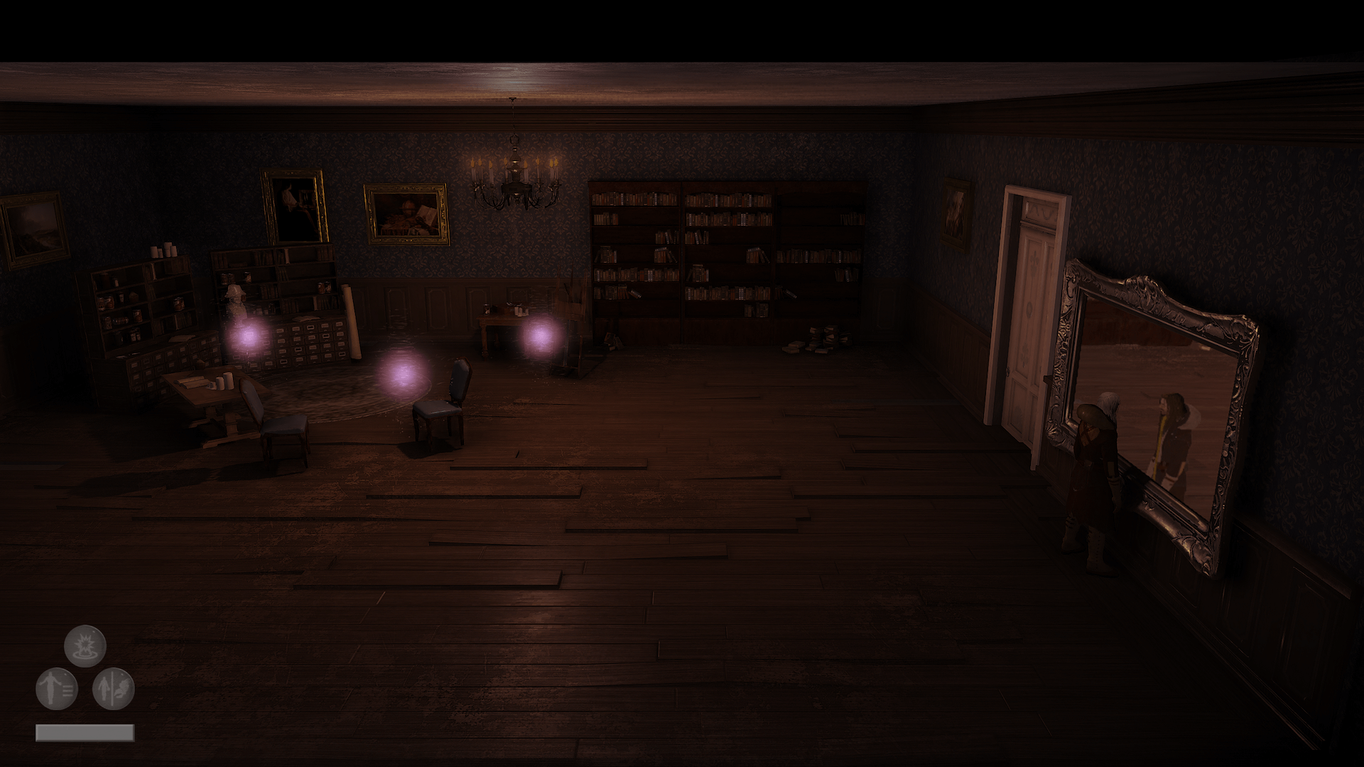 A large room with a wooden floor and equally bad taste in wallpaper. To the left is a table and a couple of dining chairs, nice ones. They are not at the table but set in front of it as if a conversation had taken place. Three pink orbs are glowing in the room. A large bookcase is against the far wall and a couple of what looks like apothecary benches to the far left. On the right there is the only door in and out. Also hanging on the right wall is a large mirror. You are stood in front of it and your reflection seems to be a lot younger than you are. 