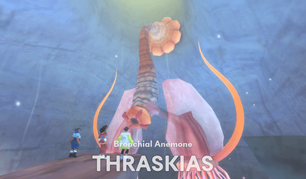 A key creature confronting the trio of researchers. Text on the screen names it as THRASKIAS, Bronchial Anemone. Thraskias resembles a fungal set of lungs, with a connection into the cave wall, and tendrils sweeping from its roots.