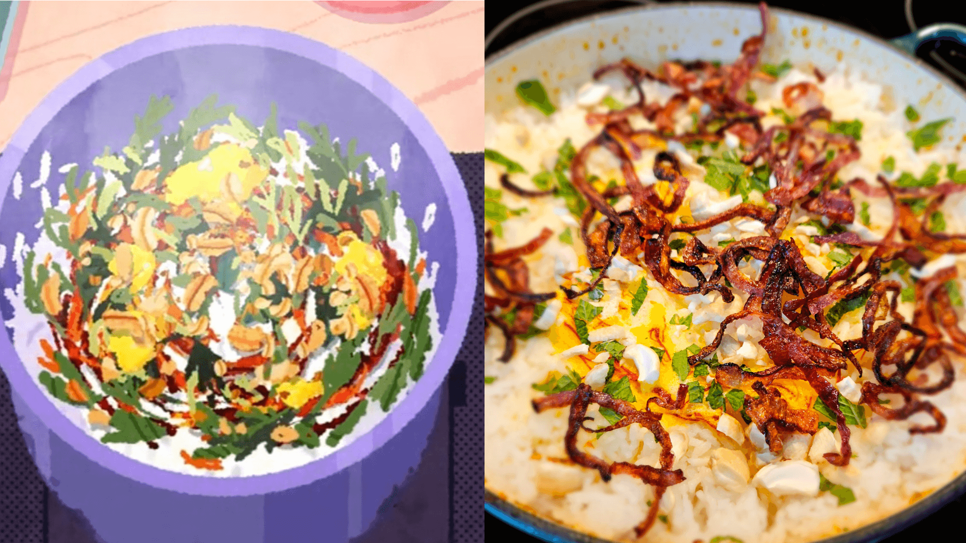Side-by-side comparison of 2 biriyani dishes. On the left a screenshot from Venba. On the right, a picture of a real life version cooked by review writer, Paul. They look pretty similar. 