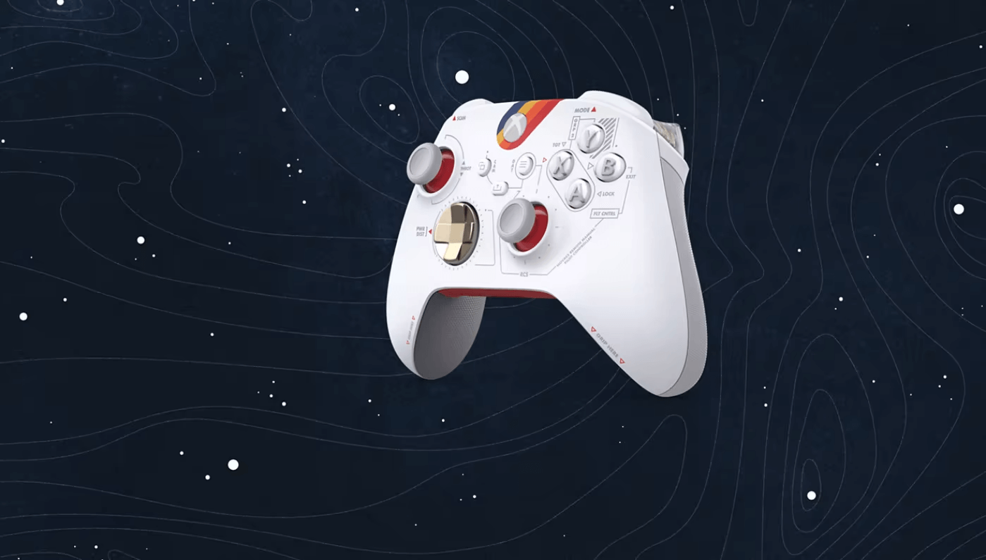 A Starfield controller with a bronze d-pad, red detailing and stripes in front of a galaxy style background