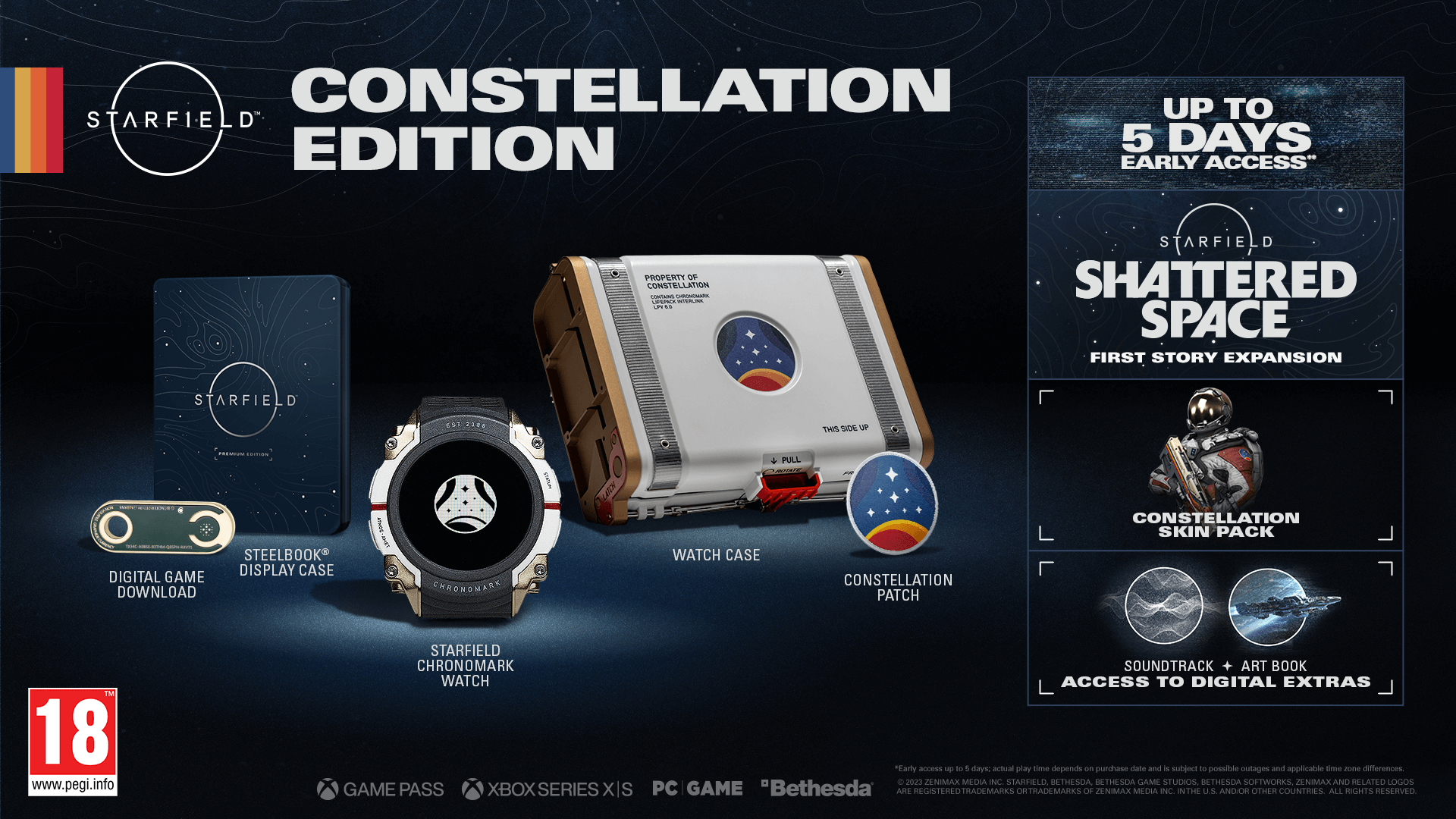 A promotional image for Starfield Constellation Edition, showing what is included in this collector's edition.