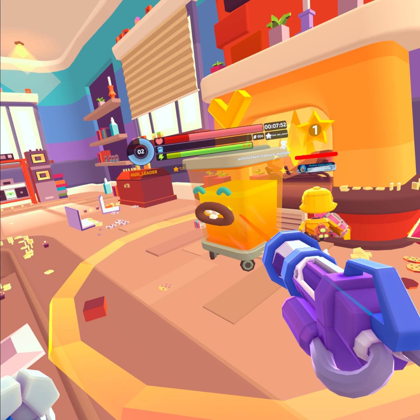 Screenshot of gameplay from the VR game Suck It. It is in a bright colourful living room, and the player is standing in front of a yellow bin with googly eyes and a mouth.