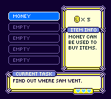 pixel art inventory menu from Gameboy colour game Bottle Boy. It shows 5 inventory slots on the left (4 of which are currently empty) the top slot reads "Money". At the bottom of the menu is current tasks which reads "Find out where Sam went." The right of the screen show a symbol of a coin with x5 beside it. below this reads "Item Info: Money can be used to buy items"