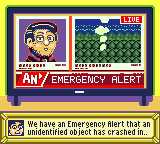 pixel art of a live news alert on a TV. A dialog box at the bottom reads " We have an emergency alert that an unidentified object has crashed in..." The live images show smoke rising from a forest area.