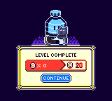 a pixel art level complete screen from Bottle Boy with a readout of the level stats and a character with a bottle for a head holding a black cat