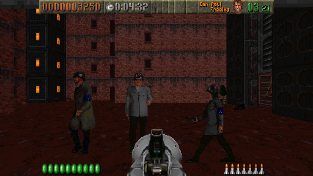 screenshot showing an fps view with a silver bazooka as the weapon in use. Infront are 3 soldiers in german style hats. The floor is browny/red and the high walls behind are pink brick blocks.