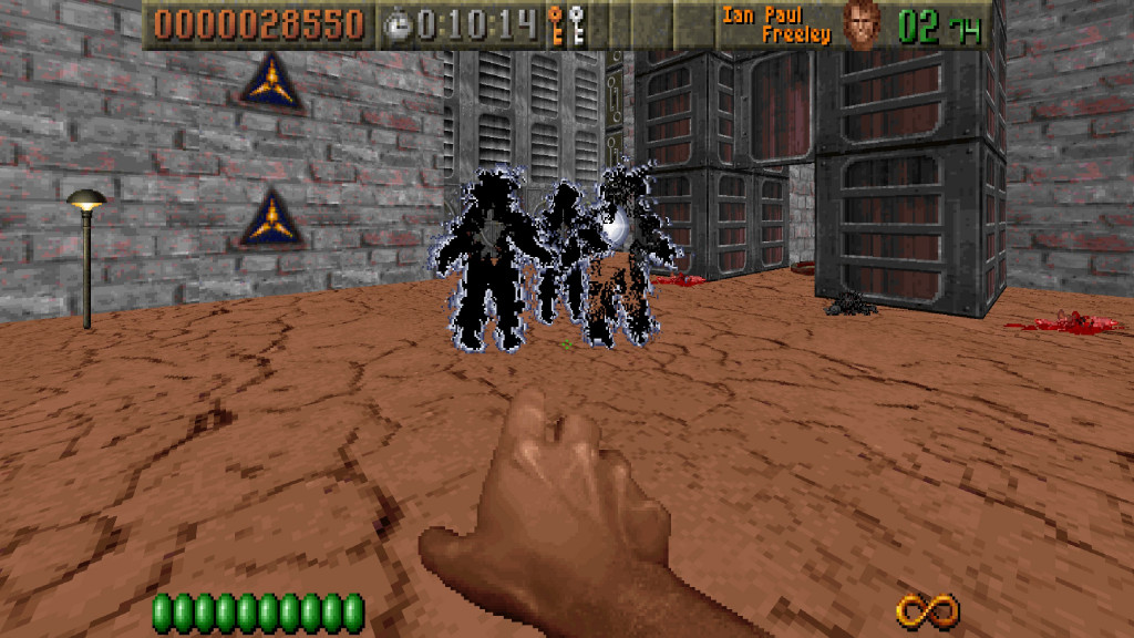 screenshot showing an fps view with a the hand of god as the weapon in use. Infront are the white outlines of 3 enemy soldiers that have been vaporized. The floor is light brown and cracked and the high walls behind are grey blocks.