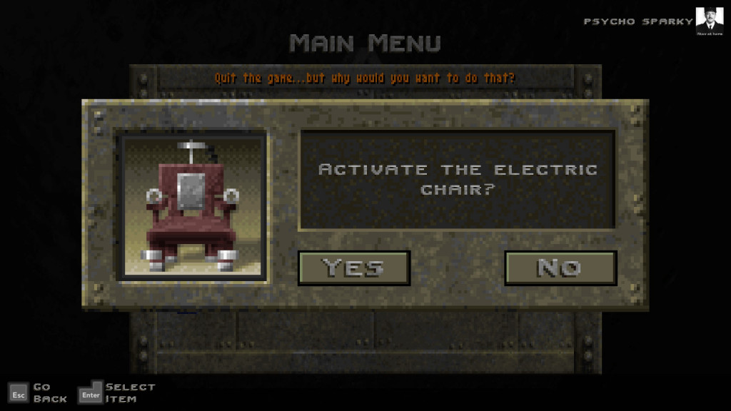 screenshot showing an exit screen threatening me with activating the electric chair if I quit the game. I can either choose yes or no.