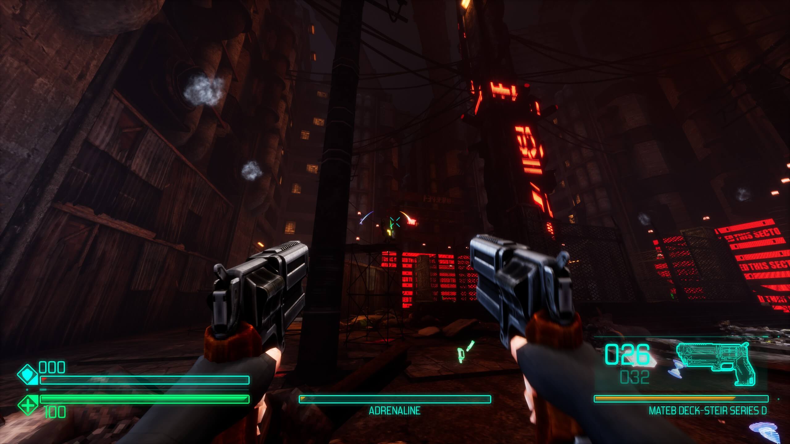 You look out into the dystopian, dreary city with dual revolvers in hand as an enemy is killed in the distance - pickups falling from them as they die. The bottom left shows two bars - one for armor and the other for health - with another bar in the middle for adrenaline. The bottom right shows how many bullets are left in your weapon out of how many max.