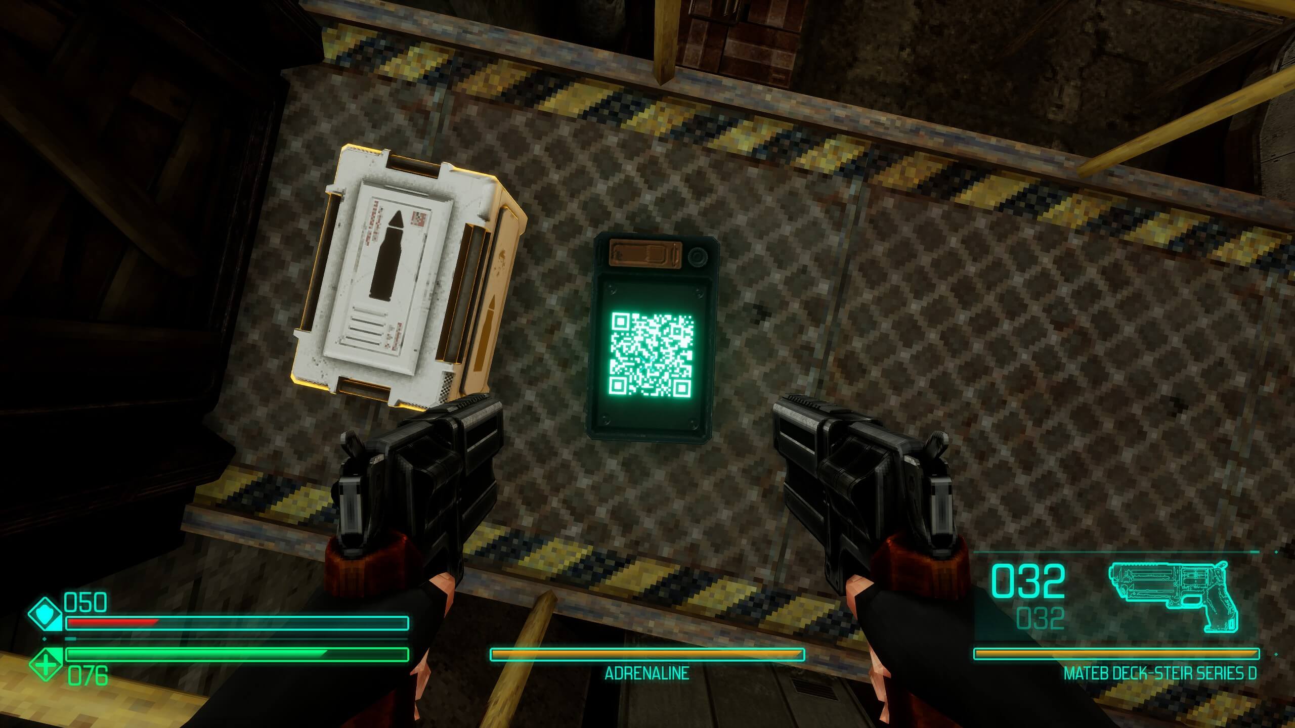 From the player perspective facing toward the floor. A tablet with a QR code is seen on a landing.