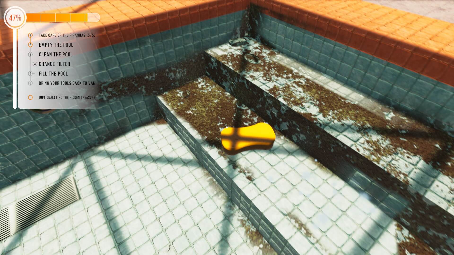 I am cleaning the steps of a small pool with a sponge. The grime is brown in colour which makes it easer for the player to spot. In the top left is the list of task I need to do before i finish the level. It is currently at forty seven percent and I've finished two tasks. 