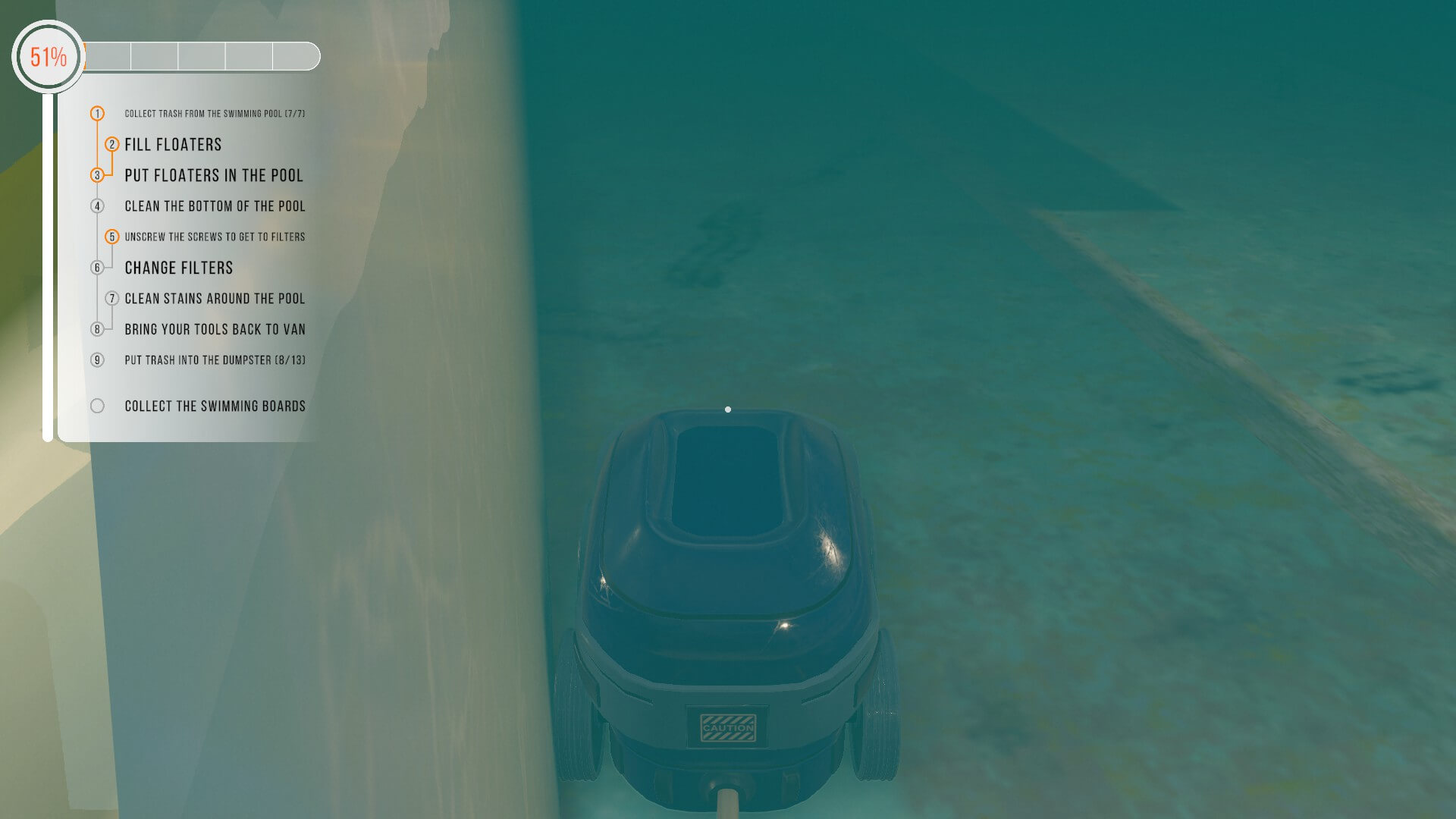 I'm currently controlling the Underwater Vacuum Cleaner. It is hard to make out due to the water being so muddy but the floor is a mixture of brown and green sludge. In the top left is the list of task i need to finish.