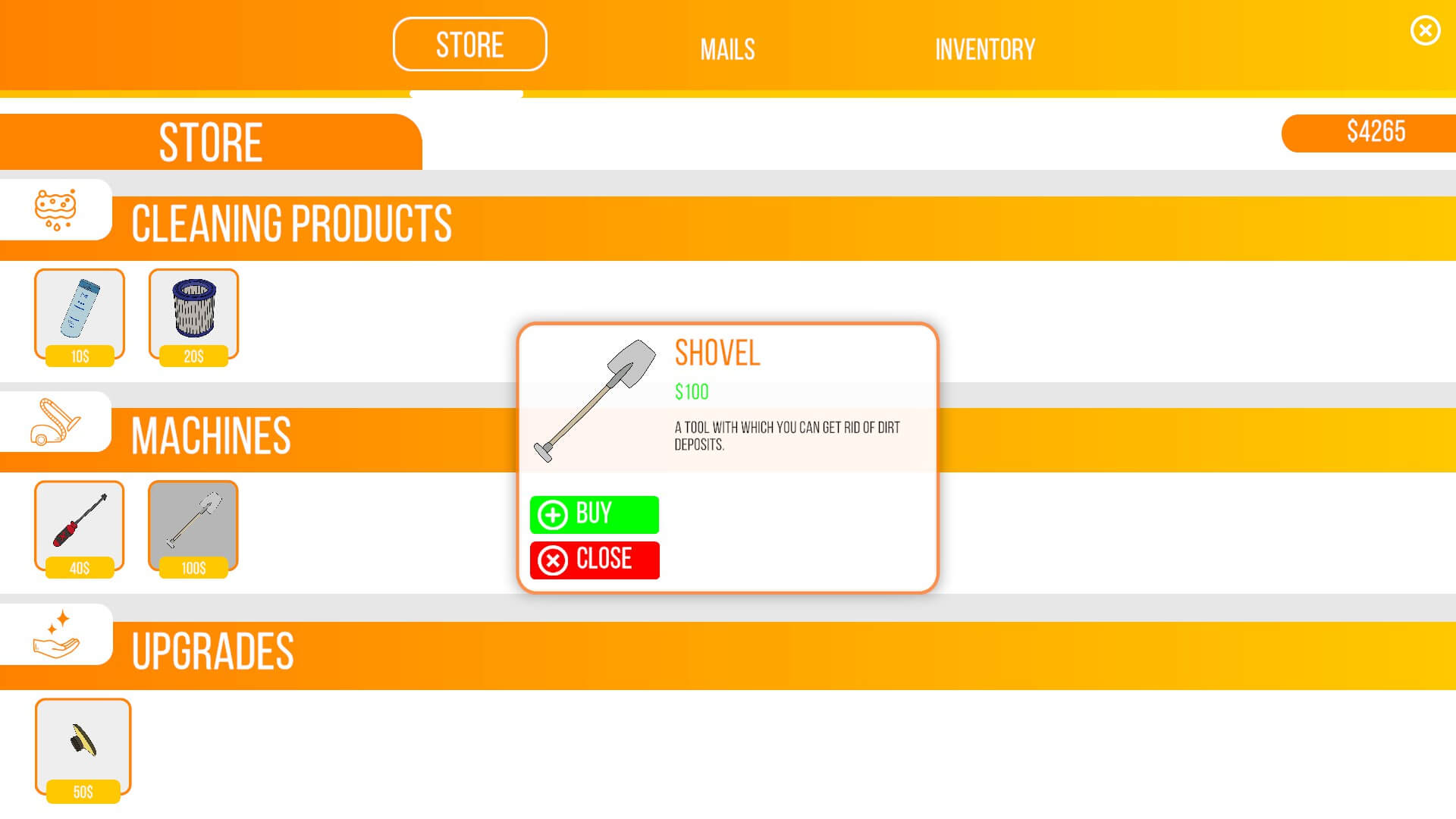 The store page found in the game. Players can select from Cleaning Products, Machines, and Upgrades. Once the player has selected which on they want a smaller box appears for conformation. the Site seems to be mainly orange and white.